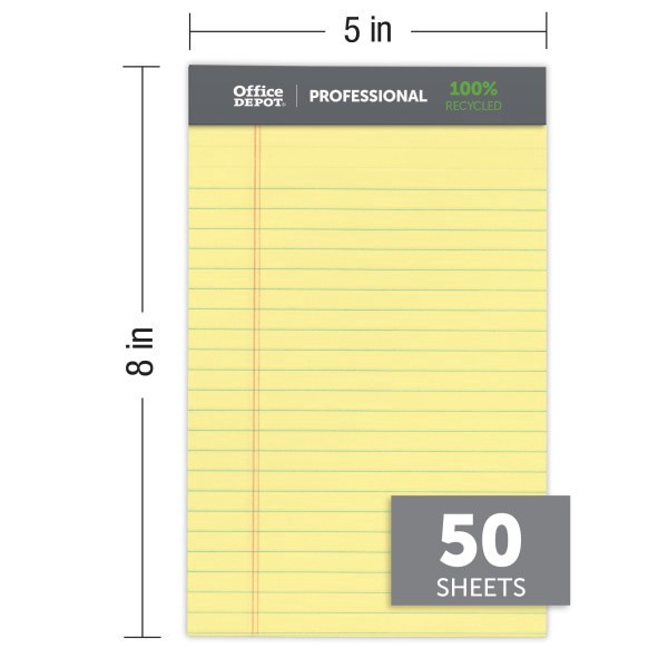 slide 5 of 6, Office Depot® Brand Professional Writing Pads, 5"" x 8"", Narrow Ruled, 50 Sheets, 100% Recycled, Canary, Pack Of 6, 6 ct
