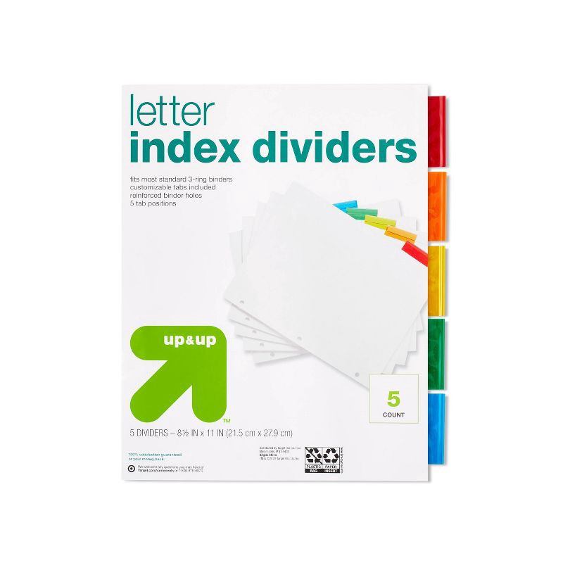 slide 1 of 3, 5ct Letter Index Dividers - up&up™: 3 Hole Punched Binder Accessories, White, 11" x 8.52", 5 ct