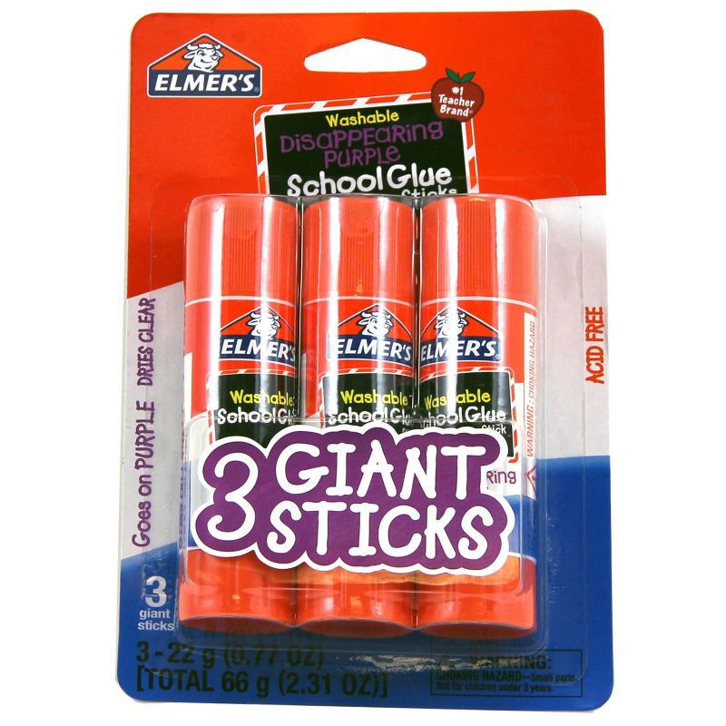 slide 1 of 4, Elmer's 3pk Washable School Glue Sticks - Disappearing Purple, 3 ct