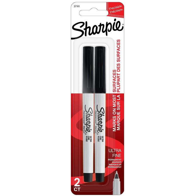 slide 1 of 6, Sharpie 2pk Permanent Markers Ultra Fine Tip Black: Thin Sharpie Pen, Quick Drying, Water-Resistant, Pocket Clip, 2 ct