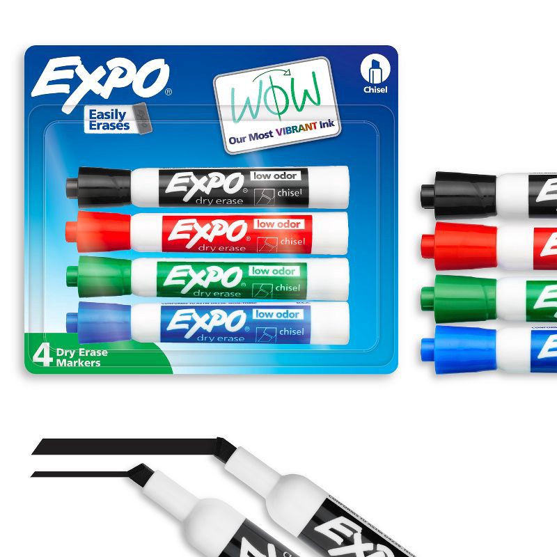 slide 1 of 7, Expo 4pk Dry Erase Markers Chisel Tip Multicolored: Low-Odor Whiteboard Markers, Bold & Fine Point, Erasable, Ages 3+, 4 ct