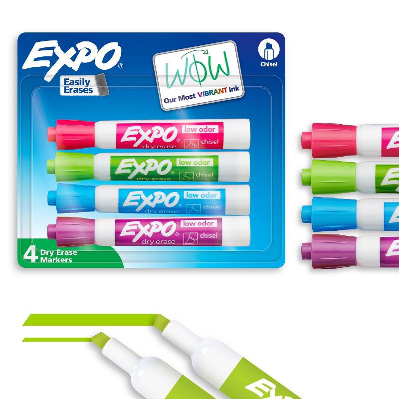slide 1 of 7, Expo 4pk Dry Erase Markers Chisel Tip Tropical Multicolored: Whiteboard & Office Stationery, Low-Odor, Fine & Bold Tips, 4 ct