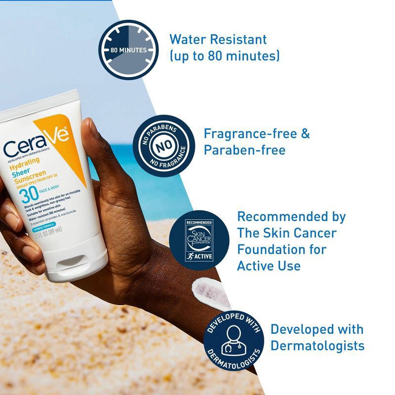 slide 4 of 11, CeraVe Broad Spectrum SPF 30 Face & Body Hydrating Sheer Sunscreen 5 fl oz, 5 fl oz