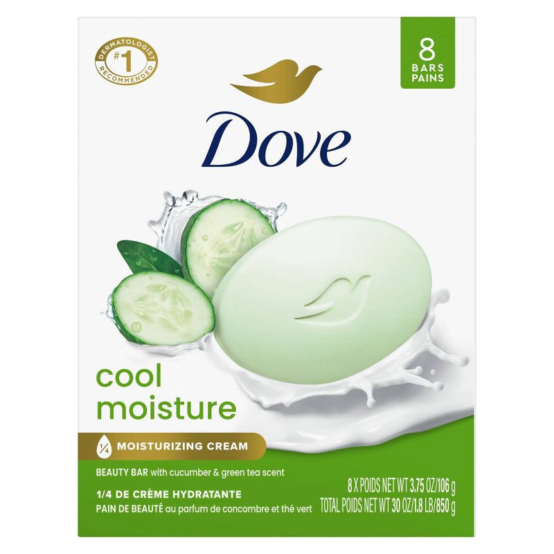 slide 2 of 7, Dove Beauty Cool Moisture Beauty Bar Soap - Cucumber & Green Tea - 8pk - 3.75oz each, 8 ct, 3.75 oz