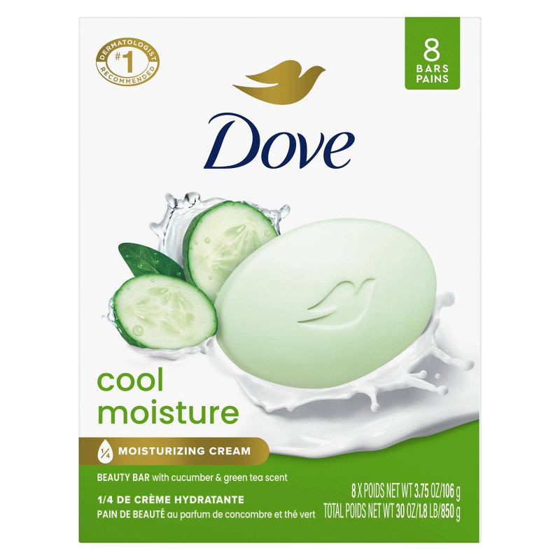 slide 2 of 8, Dove Beauty Cool Moisture Beauty Bar Soap - Cucumber & Green Tea - 8pk - 3.75oz each, 8 ct, 3.75 oz