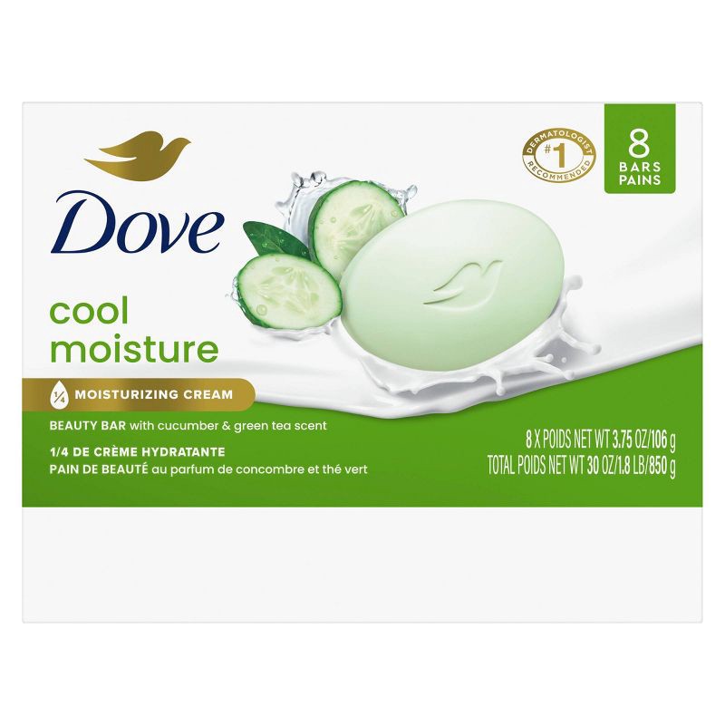 slide 3 of 8, Dove Beauty Cool Moisture Beauty Bar Soap - Cucumber & Green Tea - 8pk - 3.75oz each, 8 ct, 3.75 oz