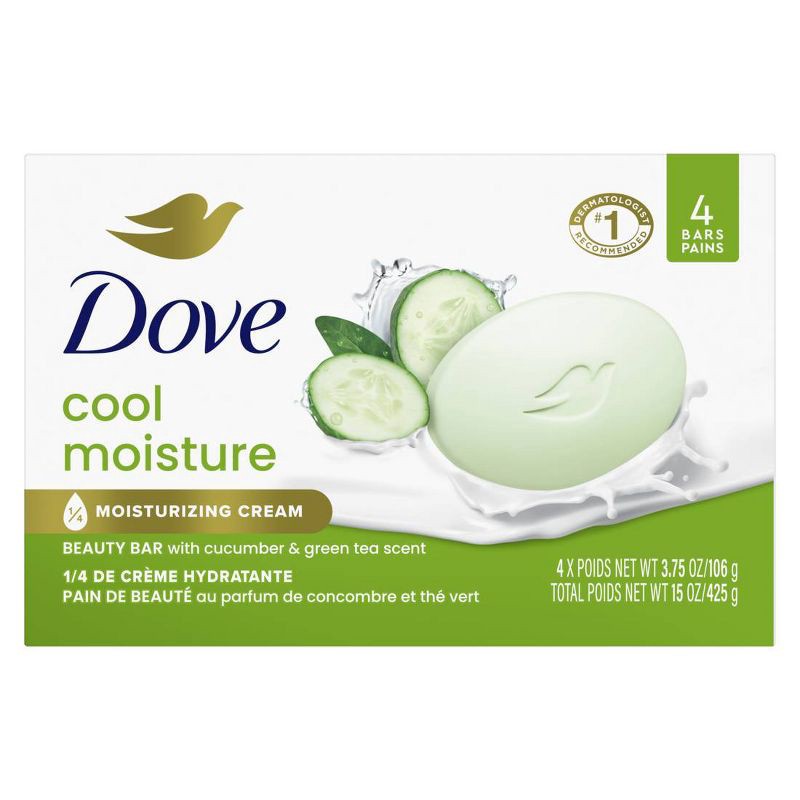 slide 1 of 8, Dove Beauty Cool Moisture Beauty Bar Soap - Cucumber & Green Tea - 4pk - 3.75oz each, 4 ct; 3.75 oz