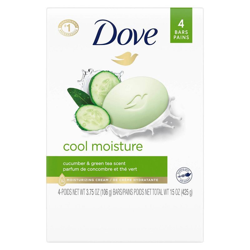 slide 1 of 8, Dove Beauty Cool Moisture Beauty Bar Soap - Cucumber & Green Tea - 4pk - 3.75oz each, 4 ct; 3.75 oz