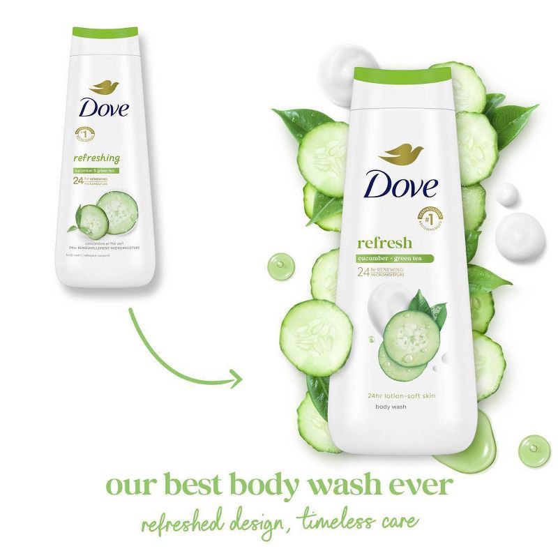 slide 3 of 12, Dove Beauty Dove Refresh Body Wash Cucumber & Green Tea 24hr Lotion-Soft Skin - 20 fl oz, 20 fl oz