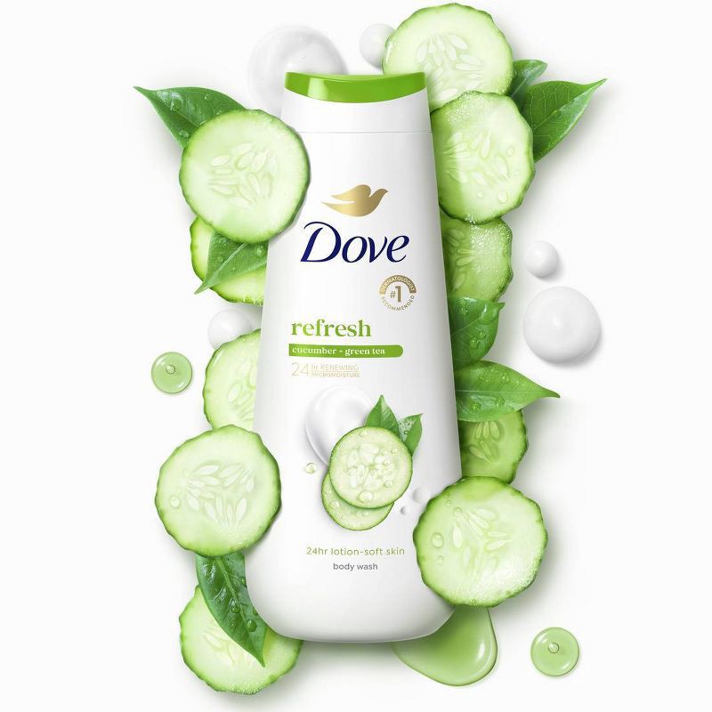 slide 4 of 12, Dove Beauty Dove Refresh Body Wash Cucumber & Green Tea 24hr Lotion-Soft Skin - 20 fl oz, 20 fl oz