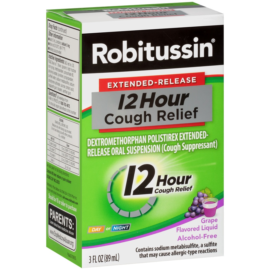 slide 6 of 6, Robitussin Extended-Release 12 Hour Cough Relief (3 fl. oz. Bottle, Grape Flavor), Alcohol-free Cough Suppressant, 3 oz