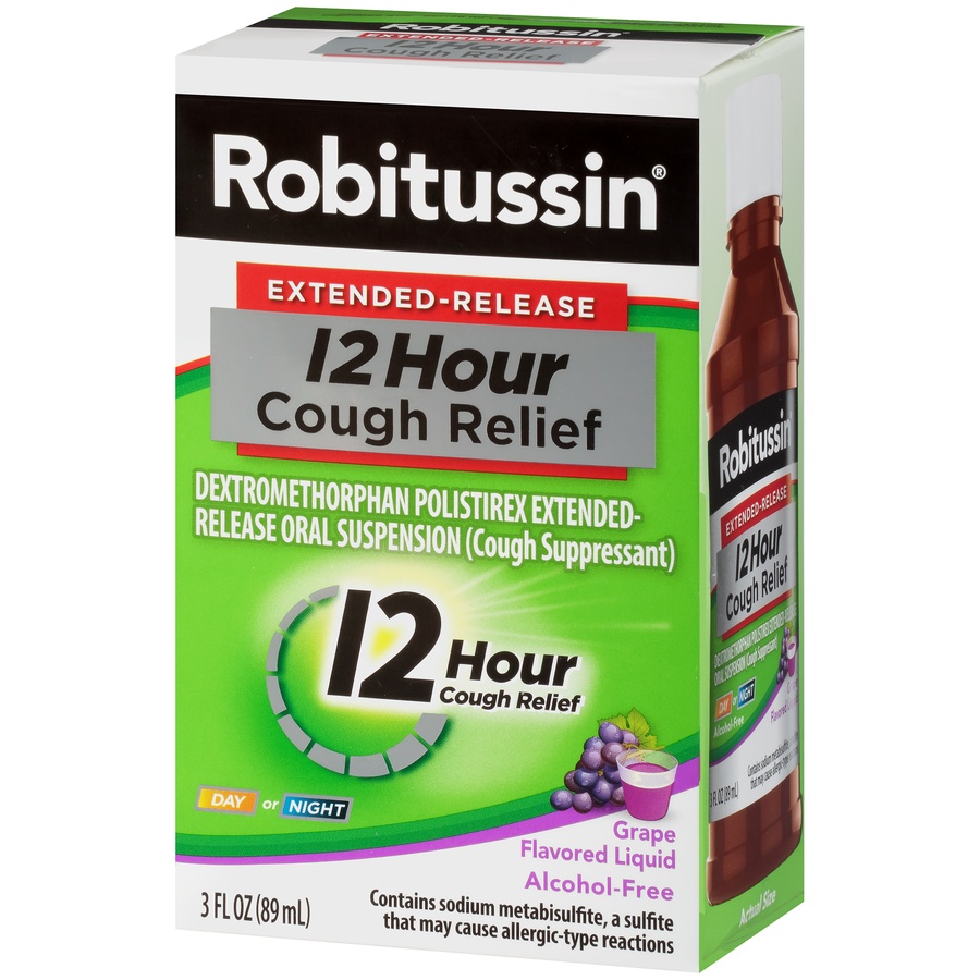 slide 2 of 6, Robitussin Extended-Release 12 Hour Cough Relief (3 fl. oz. Bottle, Grape Flavor), Alcohol-free Cough Suppressant, 3 oz