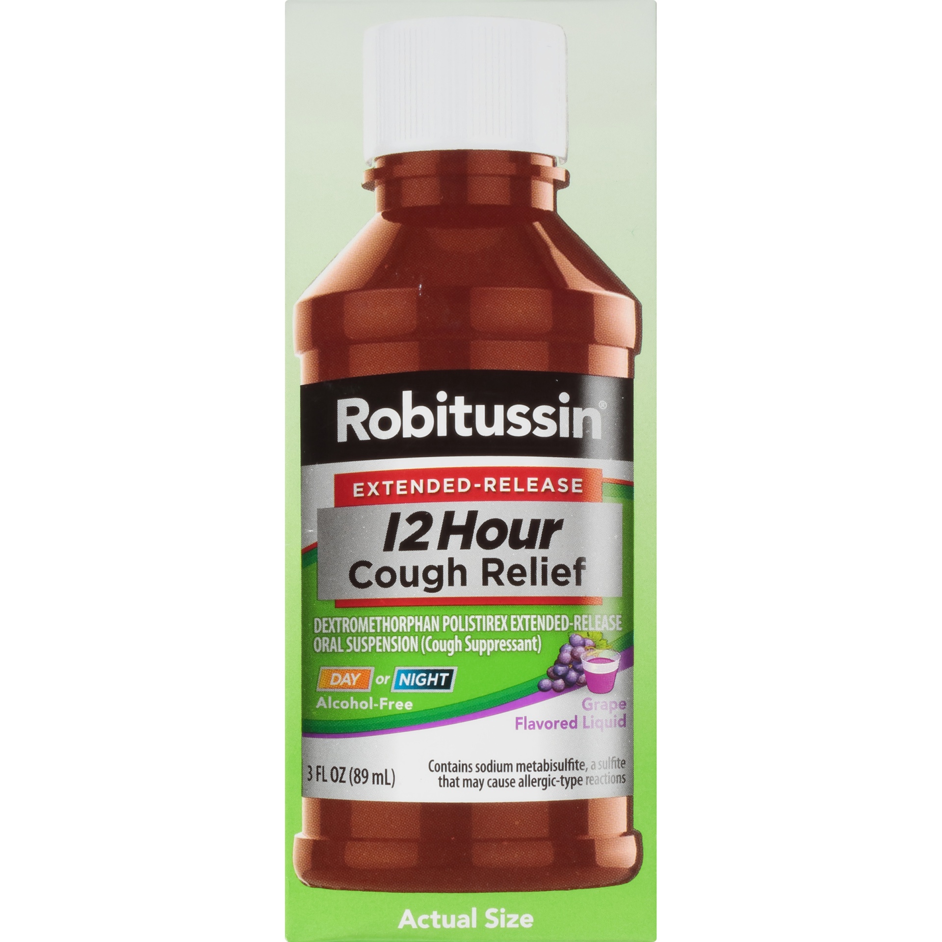 slide 4 of 6, Robitussin Extended-Release 12 Hour Cough Relief (3 fl. oz. Bottle, Grape Flavor), Alcohol-free Cough Suppressant, 3 oz