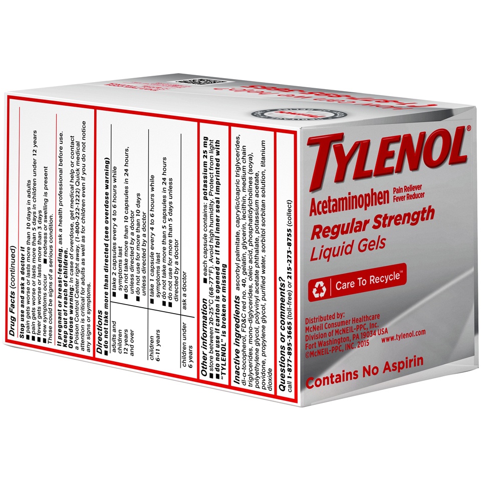 slide 3 of 6, Tylenol Regular Strength Pain Relief Liquid Gels, 325 mg Acetaminophen per Capsule, Pain Reliever & Fever Reducer Medicine, in Liquid-Filled Capsules for Headache, Backache & More,& Other Minor Aches, 90 ct, 90 ct