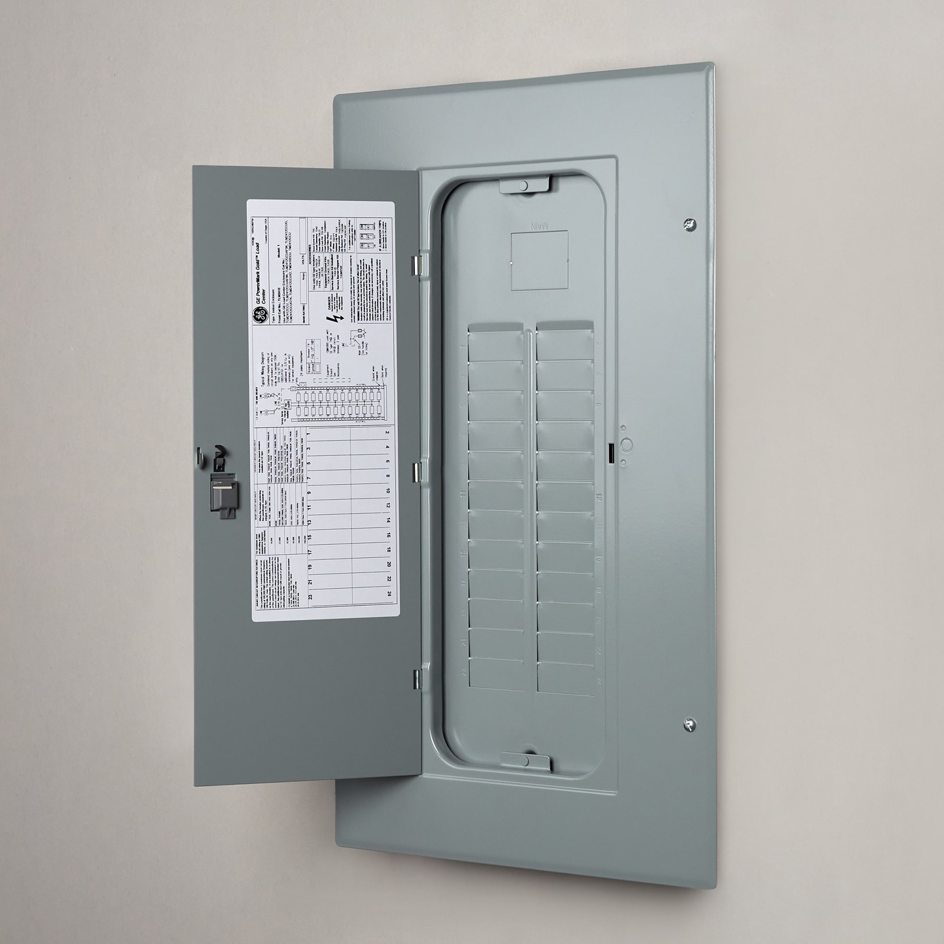 slide 3 of 6, GE PowerMark Gold 125 -Amp 24 -Spaces 24 -Circuit Indoor Convertible Main Breaker Panel Load Center, 1 ct