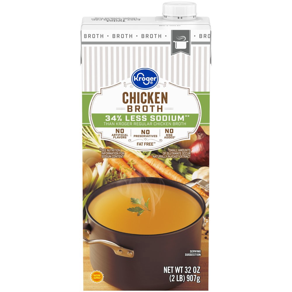 slide 2 of 3, Kroger 34% Less Sodium Chicken Broth, 32 oz