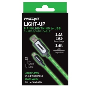 slide 1 of 1, PowerXcel Light-Up 8 Pin Lightning To USB Charge/Sync Cable Green, 1 ct