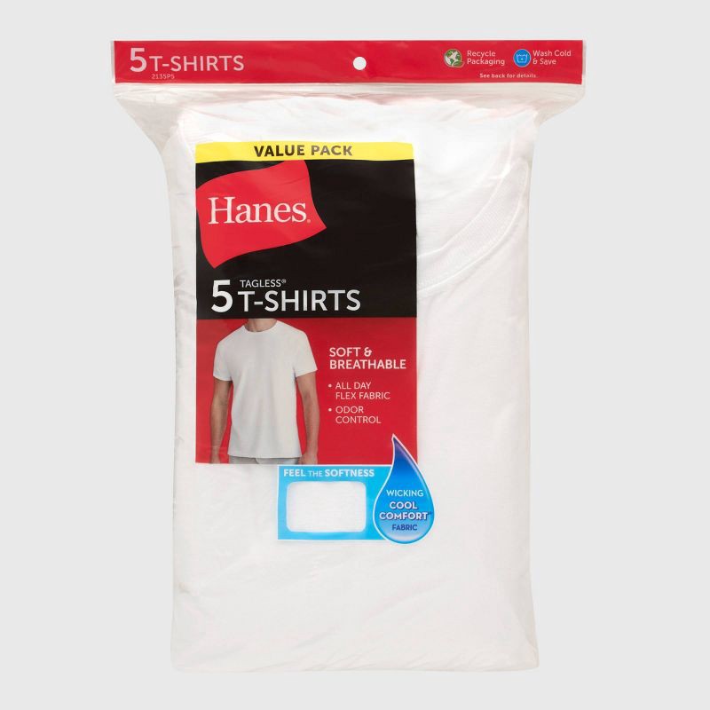 slide 5 of 7, Hanes Men's Crewneck T-Shirt with Fresh IQ 5pk - White XXL: Tagless, Moisture Wicking,, 5 ct