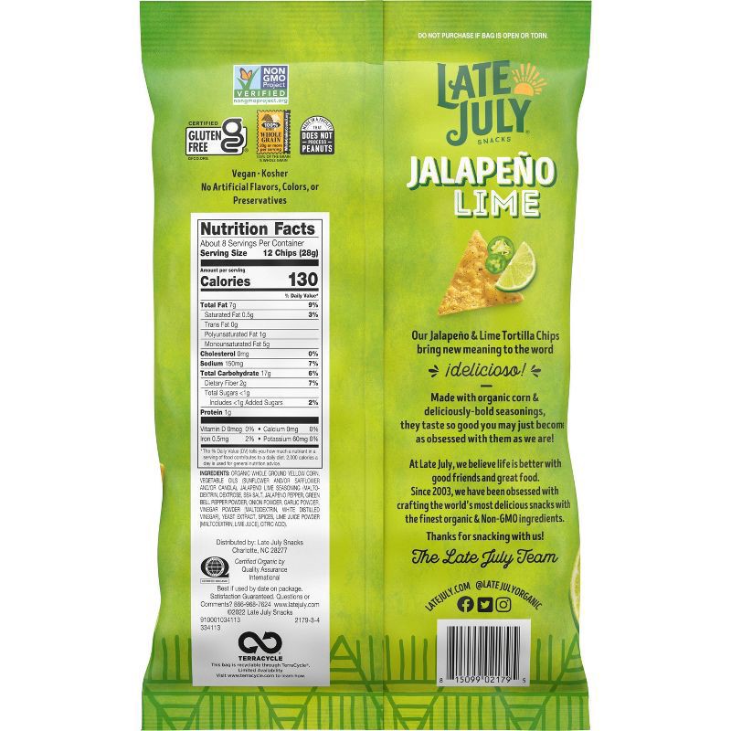 slide 2 of 6, Late July Snacks Jalapeno Lime Tortilla Chips, 7.8 OZ Bag, 1 ct
