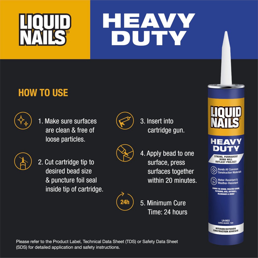 slide 3 of 6, LIQUID NAILS Heavy Duty Latex Off-white Multi-use Interior/Exterior Construction Adhesive ( 28-fl oz Fluid Oz), 1 ct