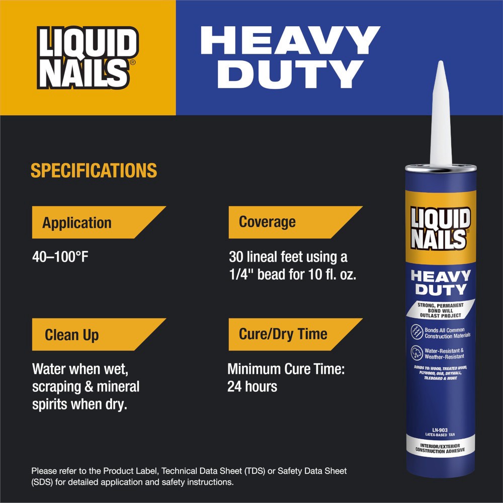 slide 4 of 6, LIQUID NAILS Heavy Duty Latex Off-white Multi-use Interior/Exterior Construction Adhesive ( 28-fl oz Fluid Oz), 1 ct