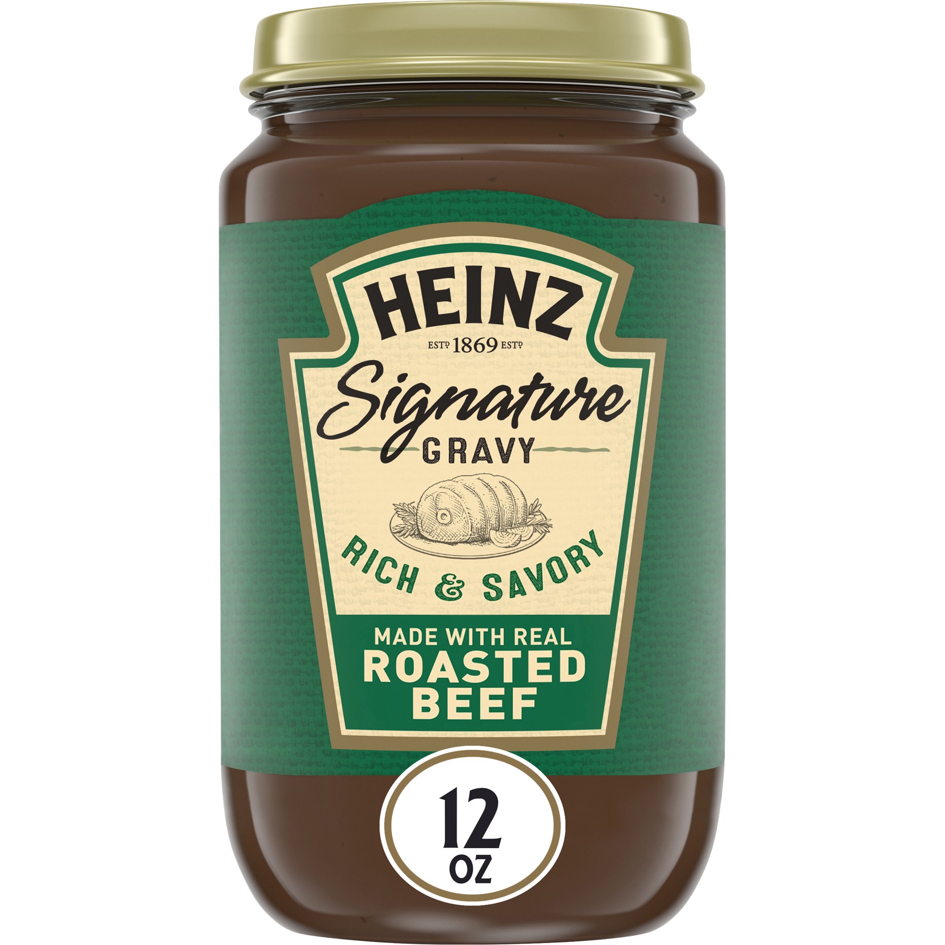 slide 1 of 10, Heinz Signature Rich & Savory Gravy with Real Roasted Beef, 12 oz Jar, 12 oz