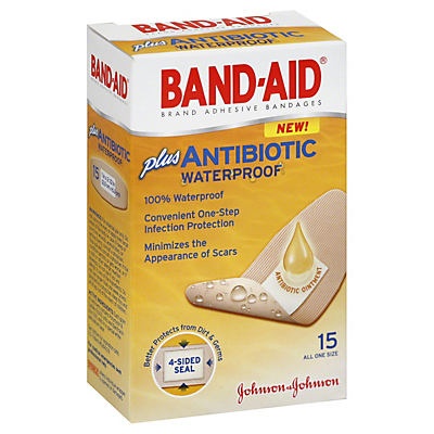 slide 1 of 1, BAND-AID Waterproof Adhesive Bandages Plus Antibiotic, 15 ct