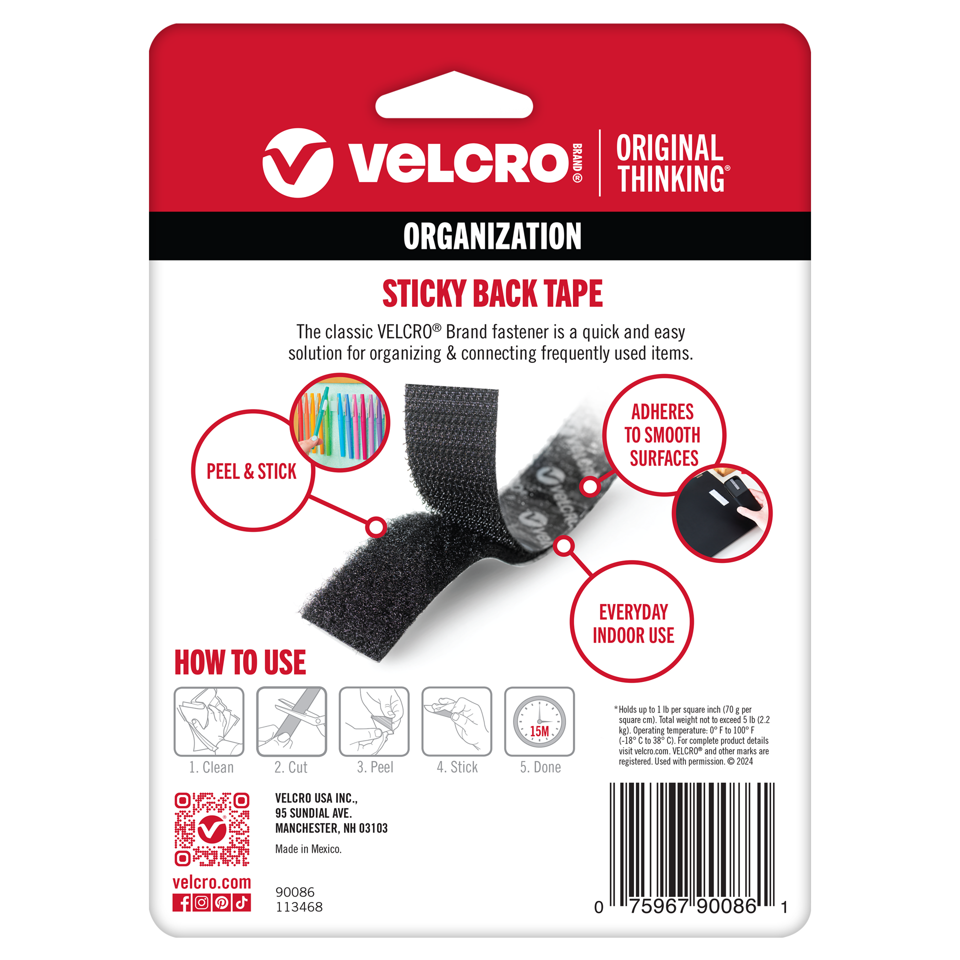 slide 6 of 6, VELCRO Brand 5 Feet Black Hooks Sticky Back Adhesive Black Roll Hook loop fastener 5-lb Weight Capacity, 1 ct