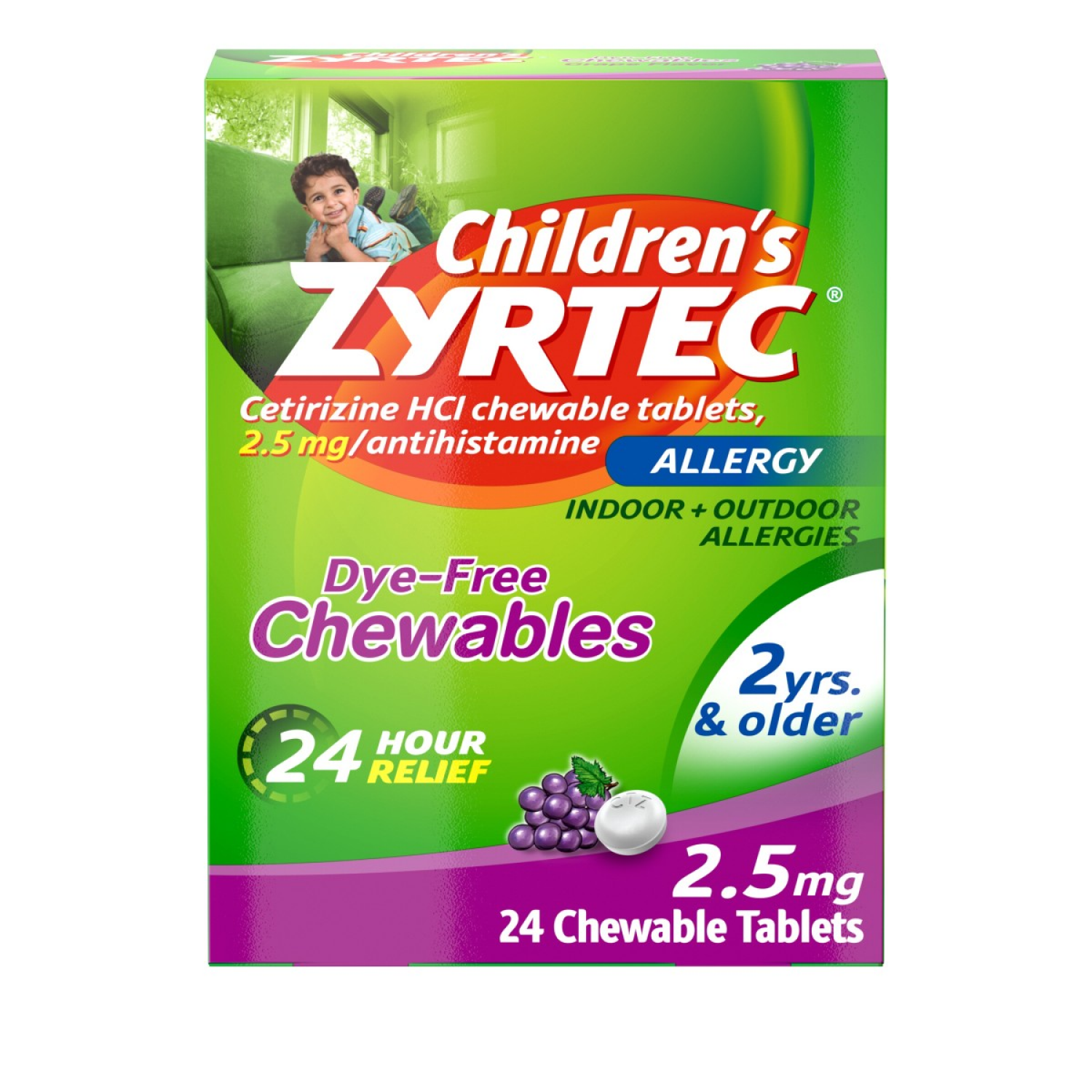 slide 1 of 8, Zyrtec Dye-Free Grape Chewables 24 Count Childrens, 24 ct