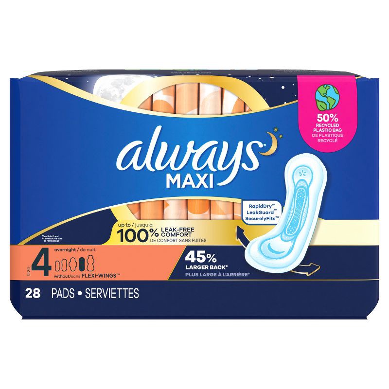 slide 2 of 9, Always Maxi Pads Overnight Absorbency Unscented without Wings - Size 4 - 28ct, 28 ct