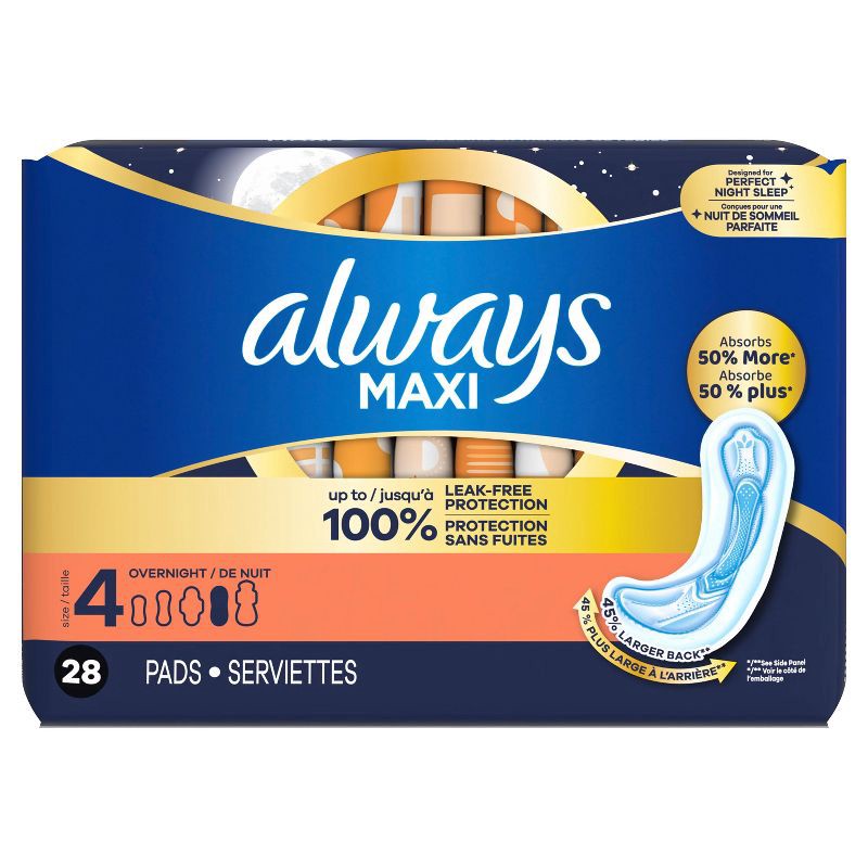 slide 2 of 11, Always Maxi Pads Overnight Absorbency Unscented without Wings - Size 4 - 28ct, 4 x 28 ct