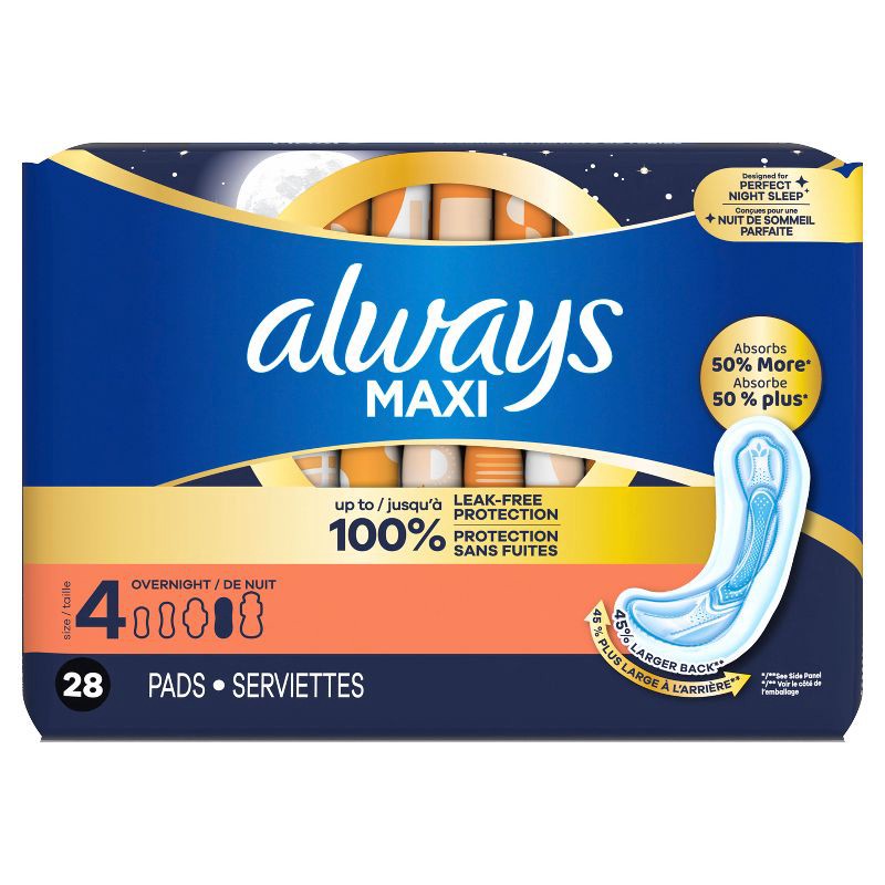 slide 3 of 11, Always Maxi Pads Overnight Absorbency Unscented without Wings - Size 4 - 28ct, 4 x 28 ct