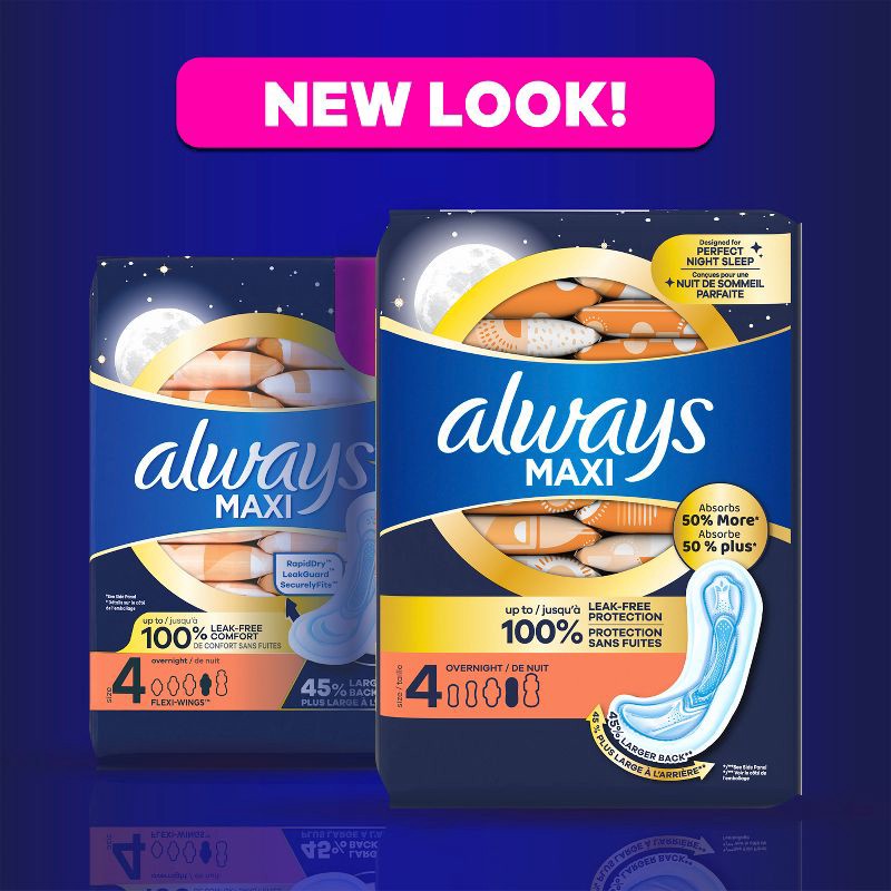 slide 9 of 11, Always Maxi Pads Overnight Absorbency Unscented without Wings - Size 4 - 28ct, 4 x 28 ct
