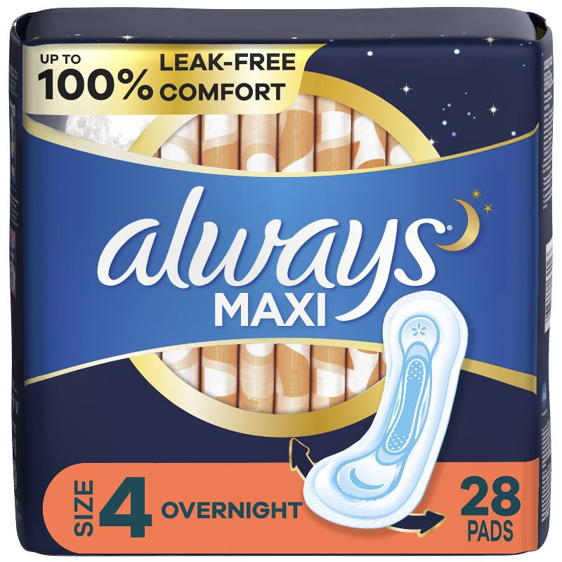 slide 1 of 9, Always Maxi Pads Overnight Absorbency Unscented without Wings - Size 4 - 28ct, 28 ct