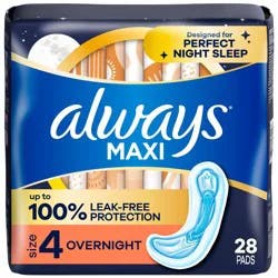 Always Maxi Pads Overnight Absorbency Unscented without Wings - Size 4 - 28ct