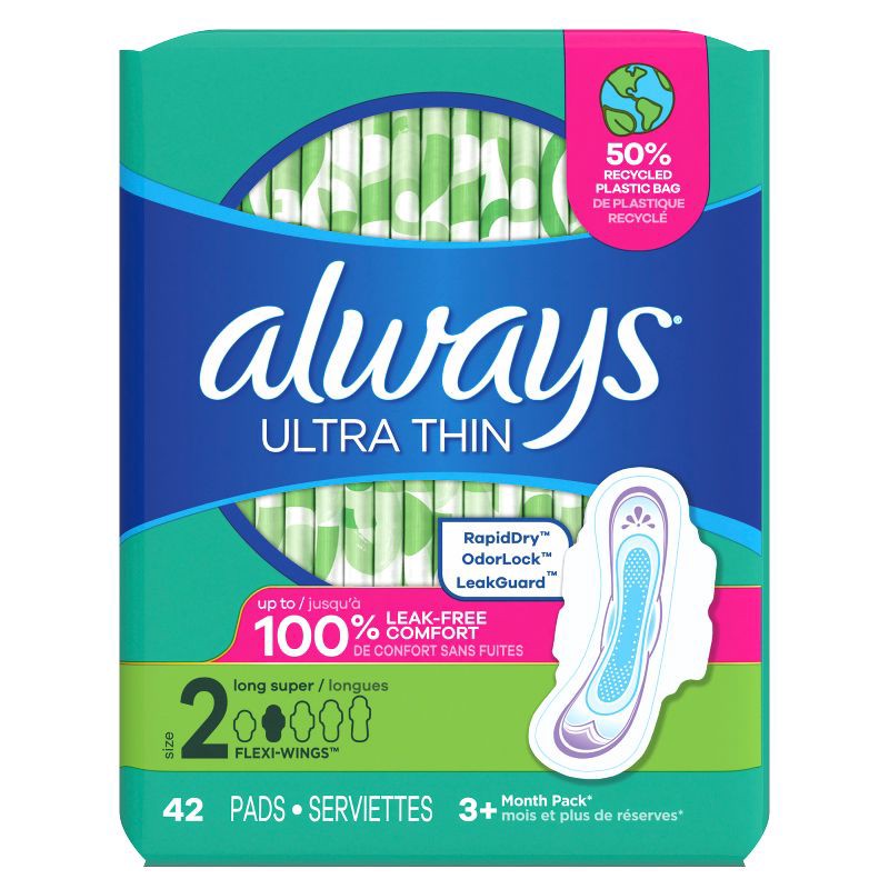 slide 2 of 9, Always Long Absorbency Unscented Ultra Thin Pads with Wings - Size 2 - 42ct, 42 ct