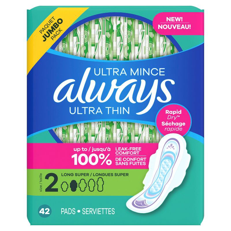 slide 9 of 13, Always Long Absorbency Unscented Ultra Thin Pads with Wings - Size 2 - 42ct, 2 pk; 42 ct