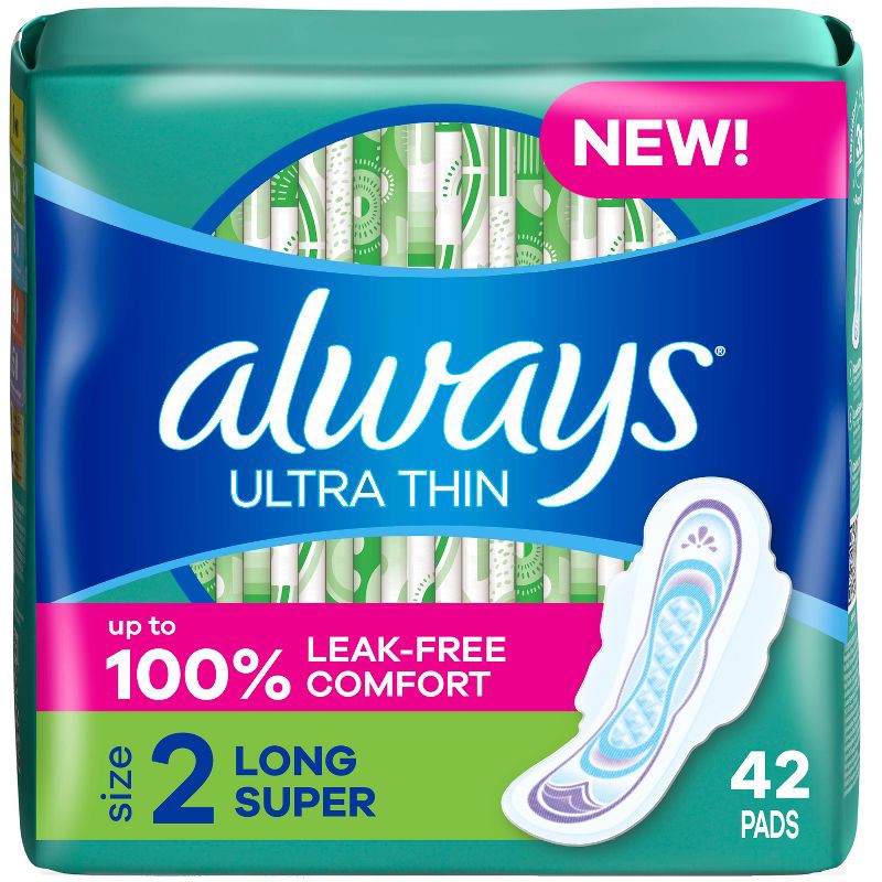 slide 1 of 9, Always Long Absorbency Unscented Ultra Thin Pads with Wings - Size 2 - 42ct, 2 pk; 42 ct