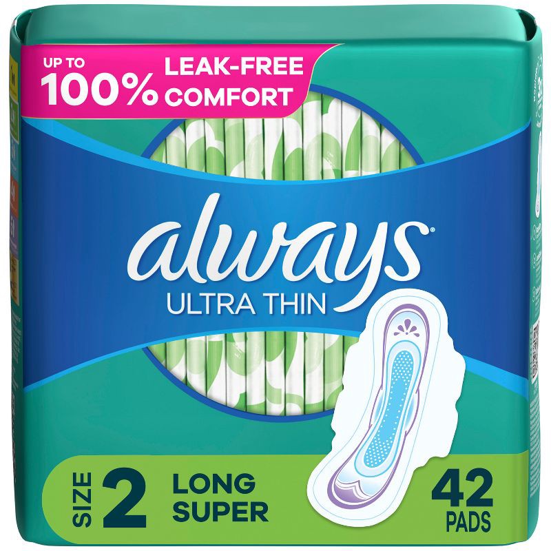 slide 1 of 9, Always Long Absorbency Unscented Ultra Thin Pads with Wings - Size 2 - 42ct, 42 ct