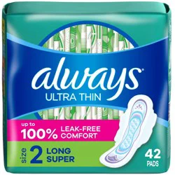 Always Long Absorbency Unscented Ultra Thin Pads with Wings - Size 2 - 42ct