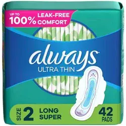 Always Long Absorbency Unscented Ultra Thin Pads with Wings - Size 2 - 42ct