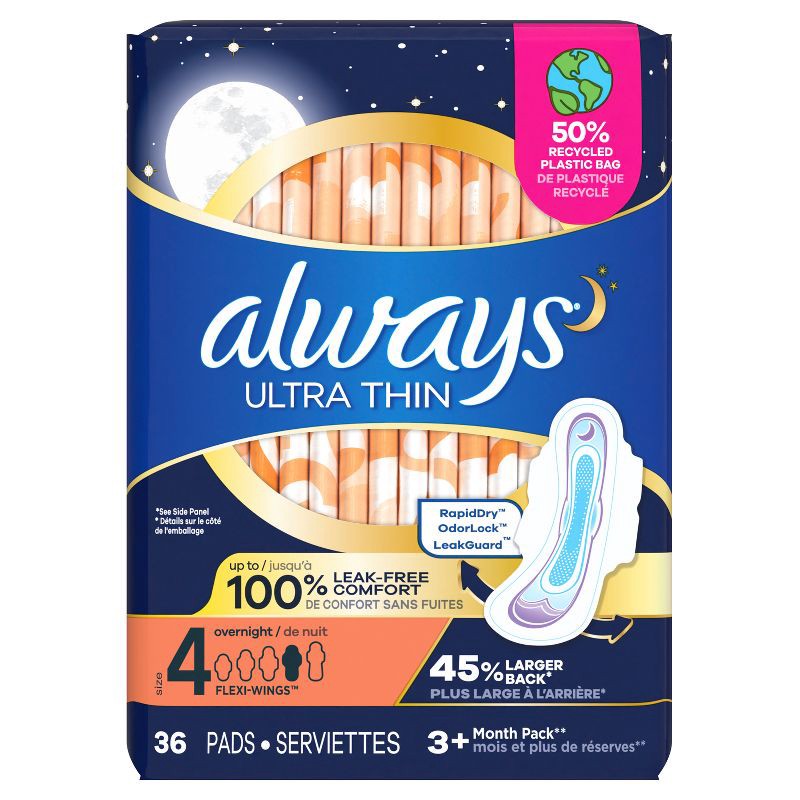 slide 2 of 9, Always Ultra Thin Overnight Pads with Wings - Unscented - Size 4 - 36ct, 36 ct
