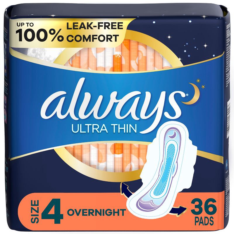 slide 1 of 9, Always Ultra Thin Overnight Pads with Wings - Unscented - Size 4 - 36ct, 36 ct
