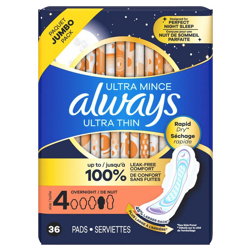 slide 10 of 14, Always Ultra Thin Overnight Pads with Wings - Unscented - Size 4 - 36ct, 4 - 36 ct