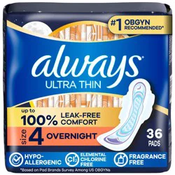Always Ultra Thin Overnight Pads with Wings - Unscented - Size 4 - 36ct