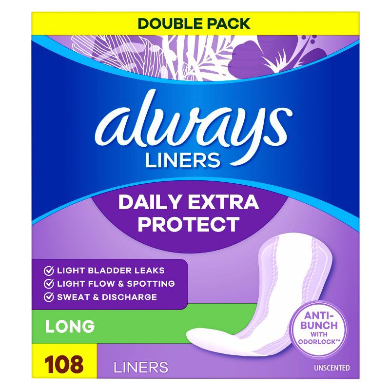 slide 10 of 10, Always Dailies Extra Protection Unscented Panty Liners - Long - 108ct, 108 ct