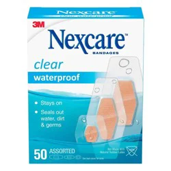 Nexcare Waterproof Bandages, Clear, Assorted, 50 ct