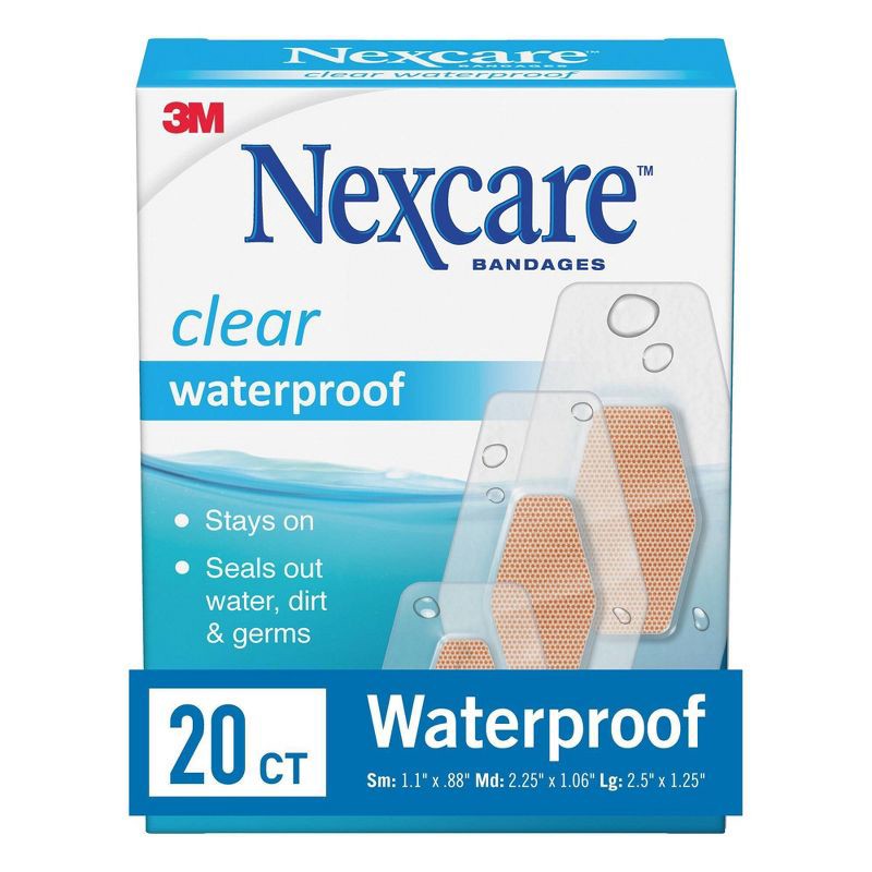 slide 2 of 19, Nexcare Waterproof Bandages, Clear, Assorted 20 ct, 20 ct