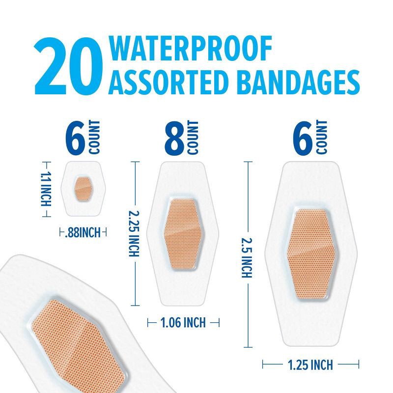slide 3 of 19, Nexcare Waterproof Bandages, Clear, Assorted 20 ct, 20 ct