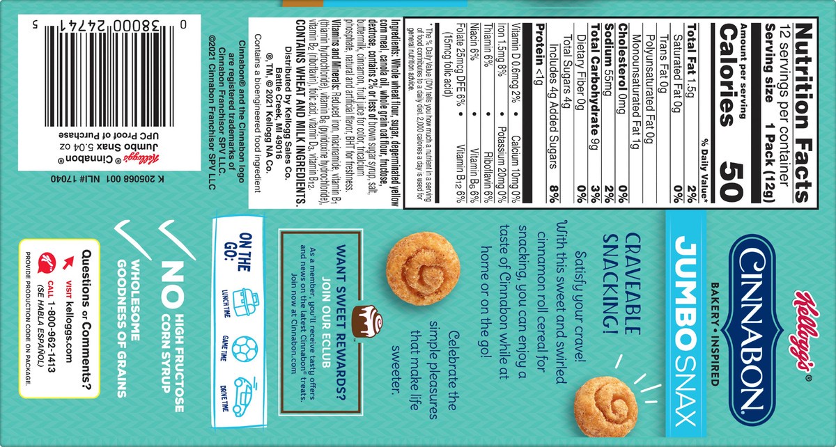 slide 4 of 7, Kellogg's Jumbo Snax Cinnabon Cereal Snacks, Bakery Inspired, Cinnamon Roll, 5.04oz Box, 12 Bags, 5.04 oz